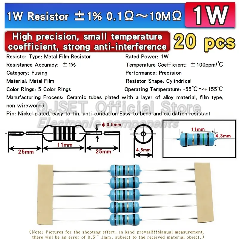 20pcs 1W Metal Film Resistors 1% 10 Ohm 47 100 200 220 470 510 Ohm 1K 4.7K 10K 22k 33k 47K 100k 200k 220k 510k 470k 910k 1M Ohms - Image 2
