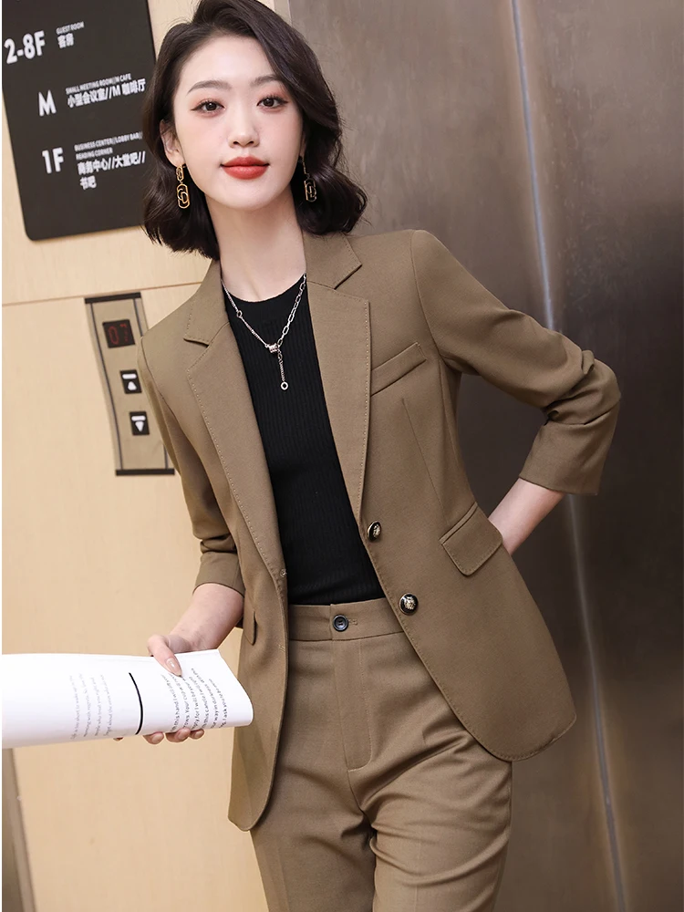 Work Wear Formal 2 Piece Set Office Ladies Pant Suit Women Khaki Green Pink Black Blazer and Trousers  Women Suits Office Sets