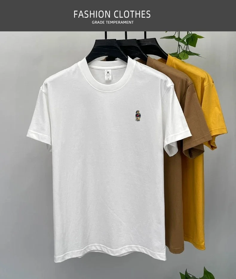 High-end pure cotton short-sleeved men's T-shirt, luxury brand printed cartoon bear, Korean style casual crew neck top for young