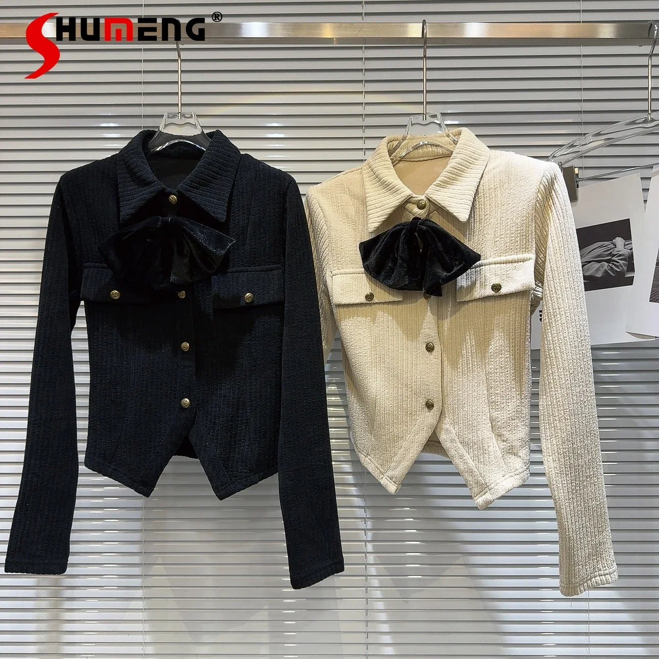 

Fashion 2023 Winter New Bow Neckline Design Hot Girl Corduroy Padded Shirts Feminine Slimming Solid Color Long Sleeve Shirt