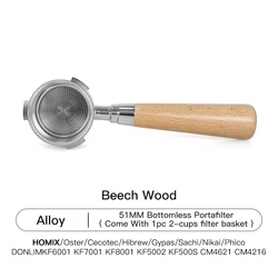 Deluxe 51mm Bottomless Portafilter with Replacement Filter Basket (Beech Wood Handle)