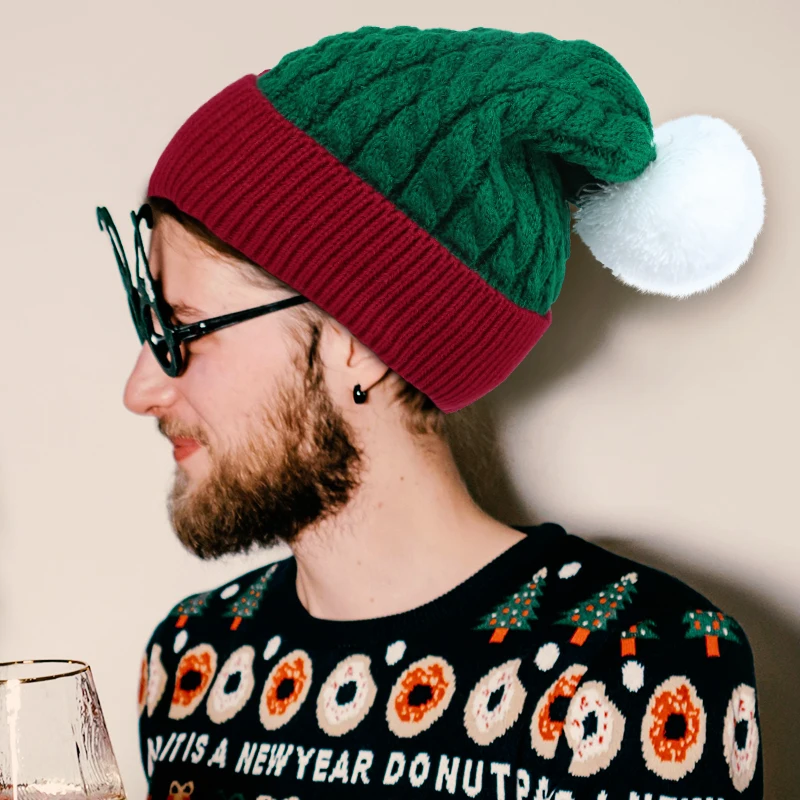 Christmas Knitted Hat Winter Warm Cute Fluffy Ball Santa Hat New Year Kids Gift Navidad Noel Beanie Decor Xmas Party Decor