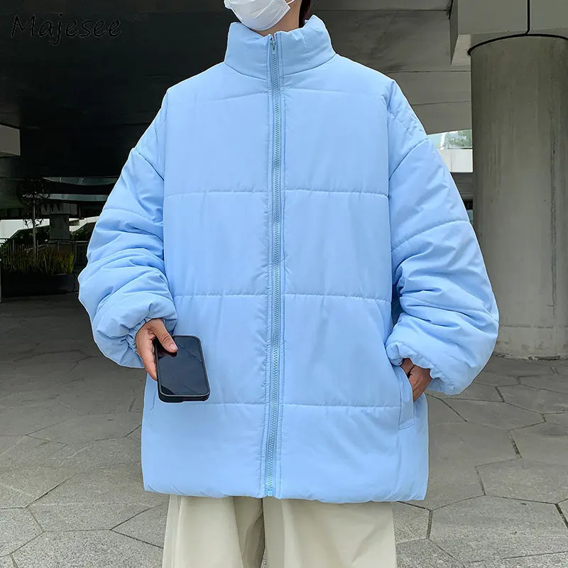 

Однотонные парки, Мужская зимняя одежда с воротником-стойкой, плотная мешковатая Минималистичная модная Корейская стильная теплая верхняя одежда на молнии для подростков