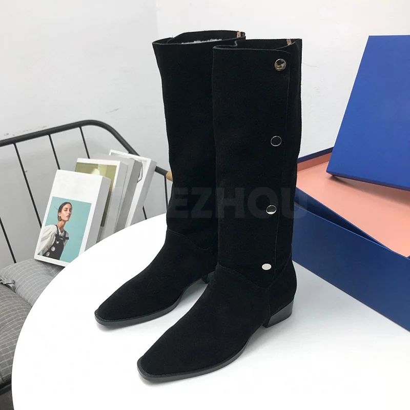 

Женские длинные сапоги, сезон осень-зима 2023, новая замшевая женская обувь на высоком каблуке из коровьей кожи, элегантные темпераментные Прямые сапоги