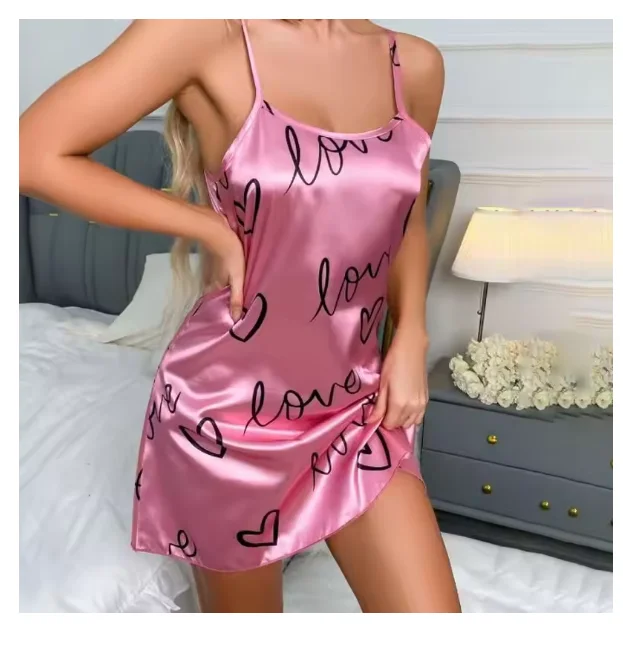 Women Lingerie Sleepwear Heart Print Nightdress Scoop Neck Criss Cross Back Nightgowns Pajamas Nighties