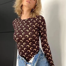 Women Long Sleeve T-Shirts Solid Color Ice Silk Crescent Moon Print Bodycon Round Neck Slim Casual Tops 2022 Lady Fashion Outfit
