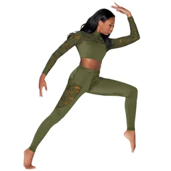 MiDee Sexy Lace Jazz Dance Clothes Women Long Sleeves Crop Top Leggings 2 Piece Set Street Dance Wear for Cool Girl Kpop Outfit