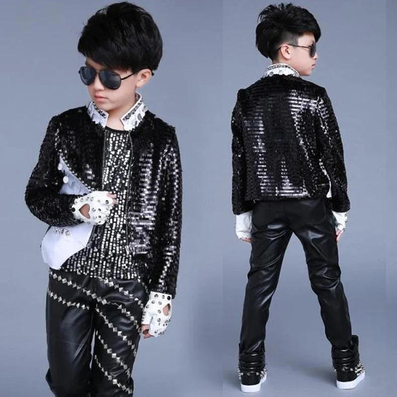 

Dancing Clothes Kids Birthday Outfits Boys Hip Hop Dance Costumes Black Sequined Coat Children Stage Wear Jazz Street