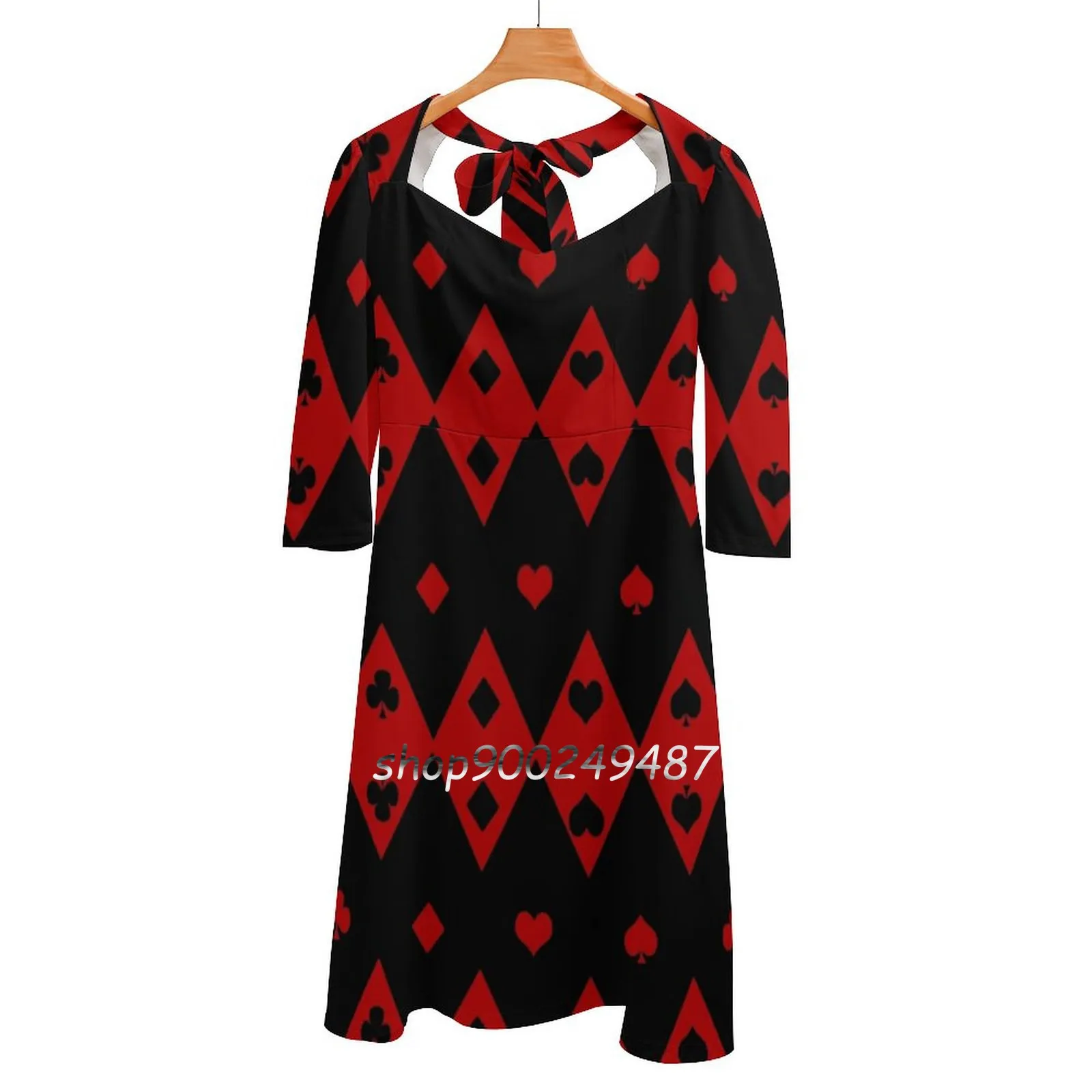 

Black And Red Playing Card Shapes Sweet Elegant Dress Women Korean Kawaii Square Collar Dress Gravityx9 Lasvegasicons Playing