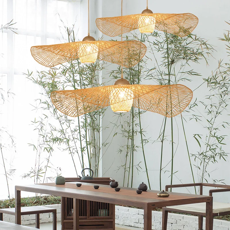 

Modern Chinese hand-made wicker hat, bamboo lamp, wicker chandelier in living room, hotel and restaurant, E27 handmade lamp
