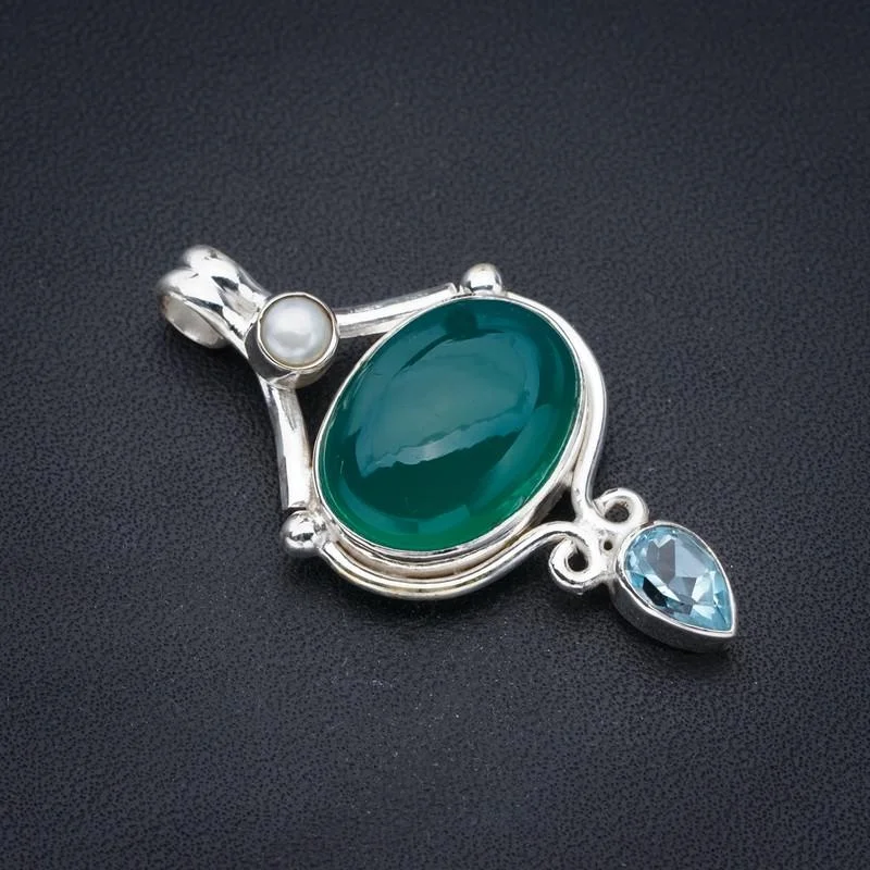 

StarGems Chrysoprase River Pearl And Blue TopazHandmade 925 Sterling Silver Pendant 1.75" F3661