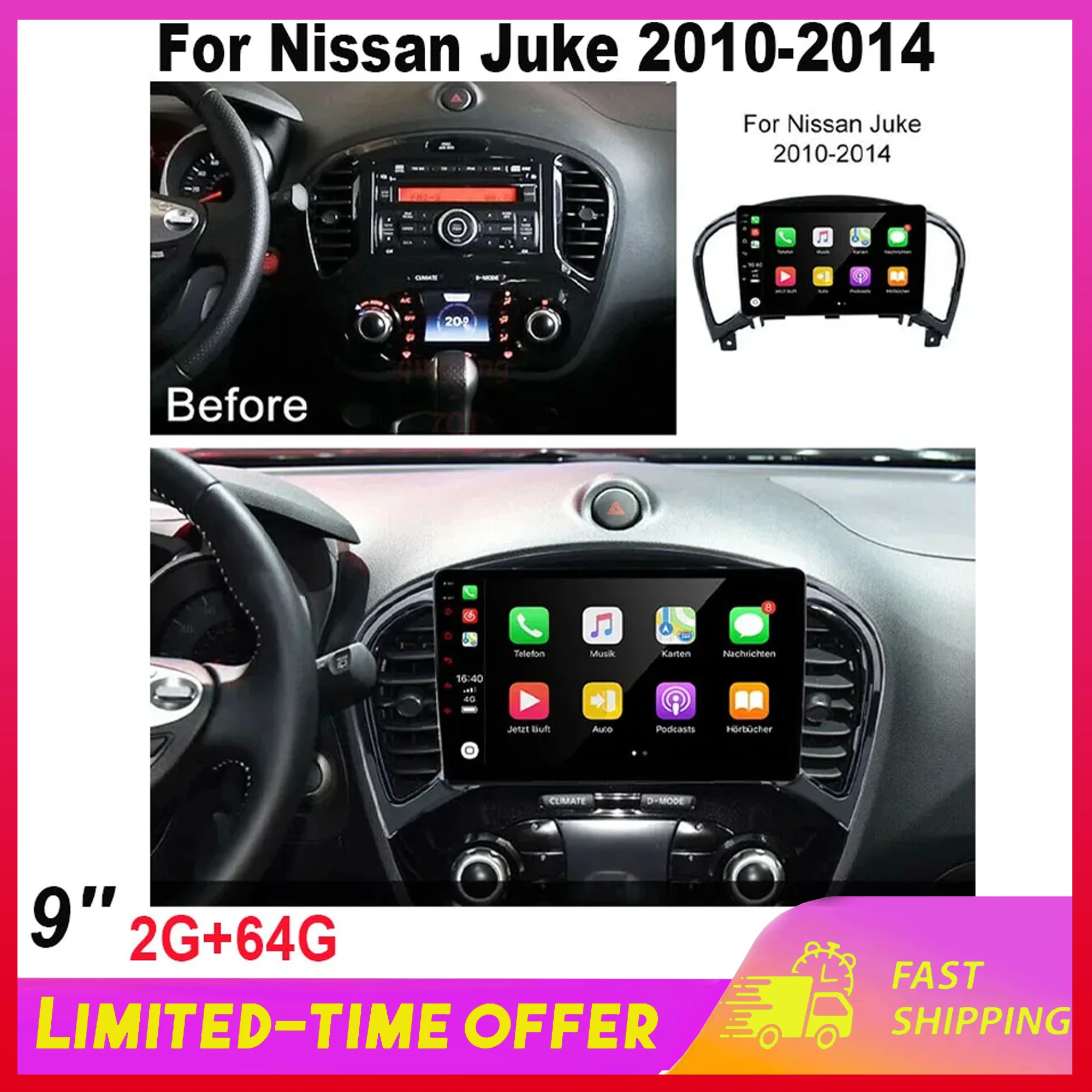 9 Inch for Nissan Juke 2010-2014 Android 15 Car Player 2GB+64GB Car Navi Fit for Carplay Android Multimedia Player Intelligent