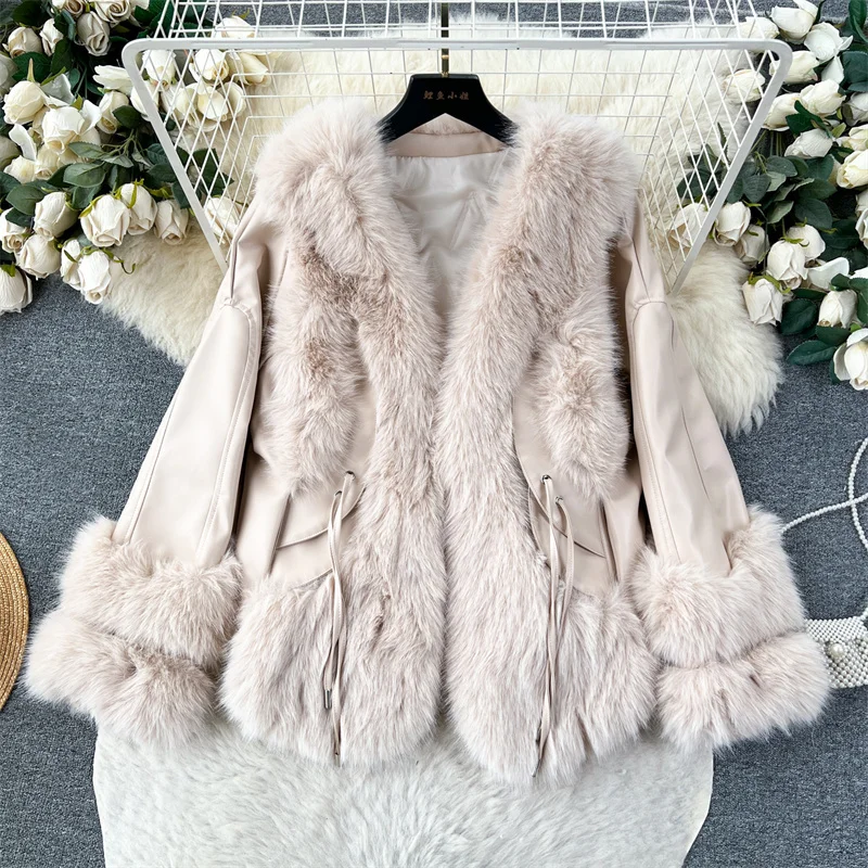 

Autumn Winter Women Short Faux Fur Stitching Imitation Pu Leather Coat Casual V-neck Long Sleeve Female Biker Jacket Streetwear