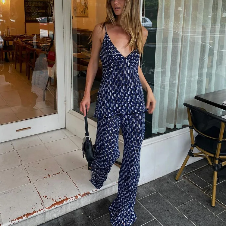 Printed Fashion Women's Pants Outfits V-Neck Contrast Slim Pullover And Wide Leg Trousers 2 Piece-Set Clothes Casual Sets