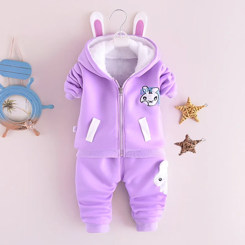 Winter baby clothes plus velvet thick two-piece suit boys and girls toddlers warm cartoon bear hooded jacket pants baby suit new baby clothing set	