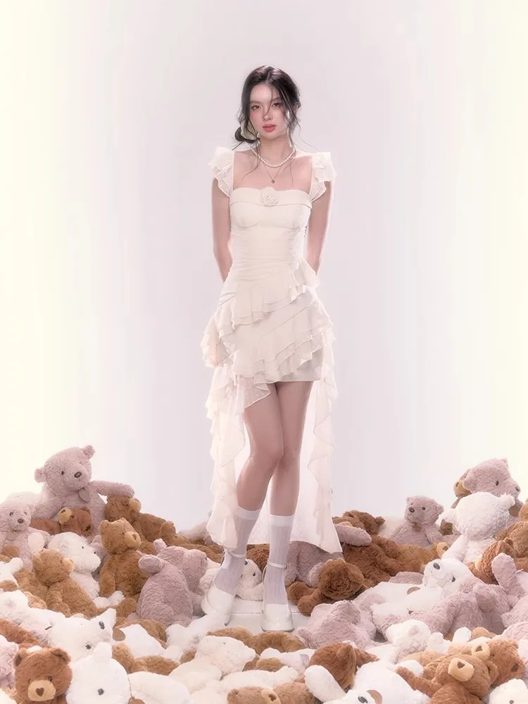 Y2K Irregular Ruffles Midi Dresses for Women Sleeveless Birthday Party Dress Prom Robe Korean Chic Summer New One Piece Vestido