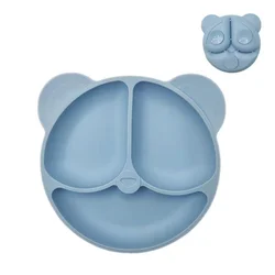 Silicone Suction Cartoon Plate for Toddlers - Retro Kids Smiley Face Bowl (Bear Grey Blue)