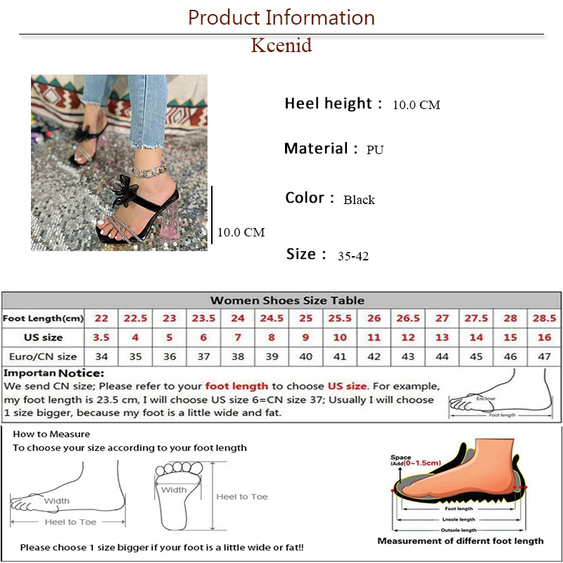 Kcenid Ladies Shoes Summer Crystal Narrow Band Butterfly-knot Slippers Woman Transparent Square Heel Party Zapatos De Mujer