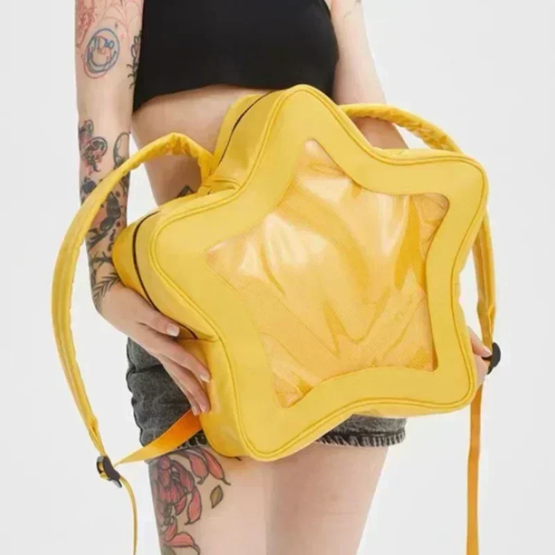 Womens Backpack Yellow Star PU Leather Shoulder Bag Cute Teenage Girl Kawaii Schoolbag Knapsack Y2K Spicy Girl Travel
