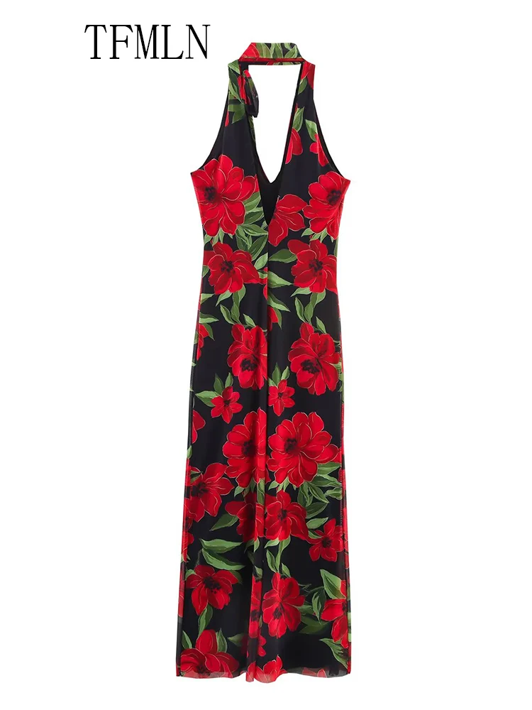 TFMLN Fashion Women Floral Print Tulle Dress 2025 Summer Sexy Halter Backless Slim Sleeveless Party Dress Chic Causal Thin Dress