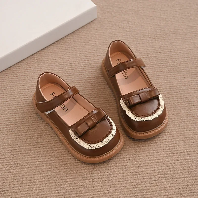 Girls Princess Shoes Soild Color Kids Leather Shoes Sweet Lace New Fashion Children Flat Soft Sole Round Toes Cute