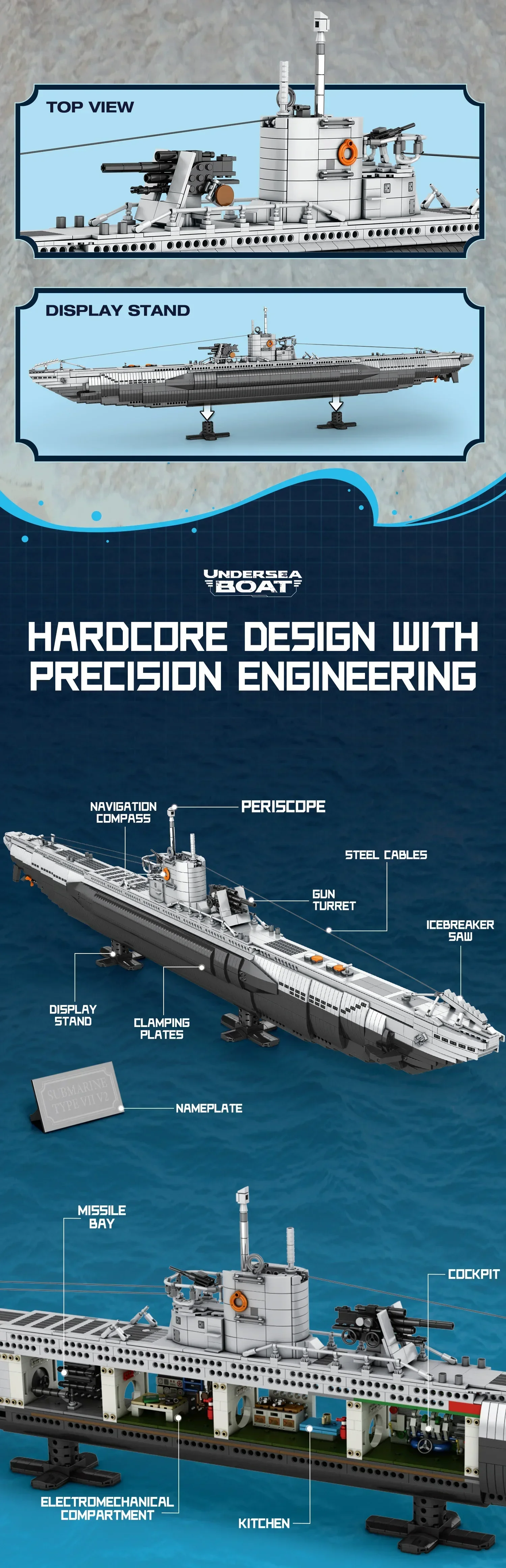 3987PCS U Shaped Submarine Building Blocks Undersea Ship Model Bricks With Base Bracket Desktop Deco Kids DIY Toys Holiday Gifts