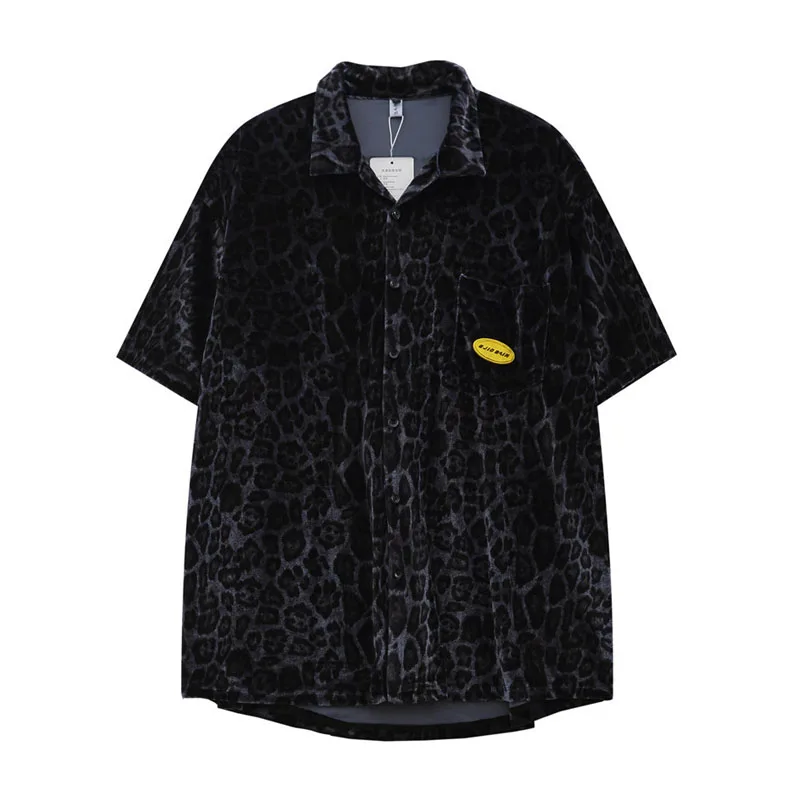 Fashion Velvet Leopard Casual Sets Mens Summer Hip Hop Streetwear Oversized Two-piece Short Sleeve Shirts and Shorts Suits Male