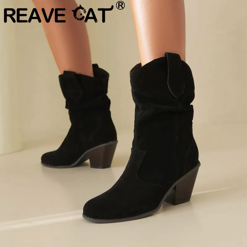 

REAVE CAT Flock Suede Female Mid Calf Boots Round Toe Slip On Pleated Chunky High Heels Leisure Western Bota Large Size 42 43 44