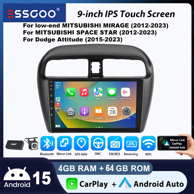 Autoestéreo ESSGOO Android 15 9" 4+64 GB para Mitsubishi Mirage/Mitsubishi Space Star/Dodge Attitude CarPlay Navegación GPS Bluetooth WiFi RDS FM 2+32 GB CANBUS Mirror Link Control de Volante Android Auto 1