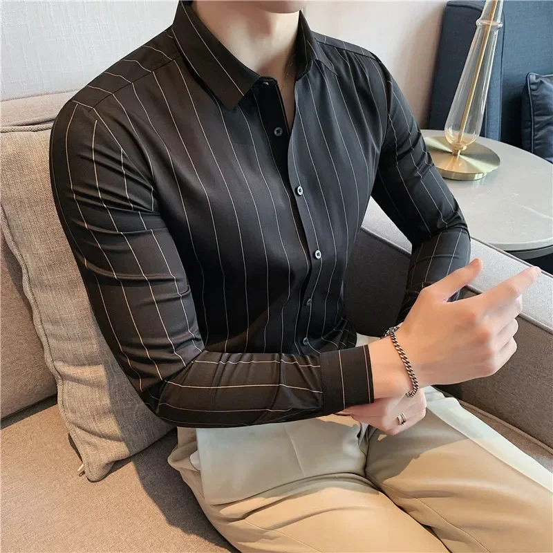 

Camisas De Hombre High Quality Men's Social Shirts Luxury Korean Clothing Slim Fit Long Sleeve Formal Striped Shirts For Men Hot