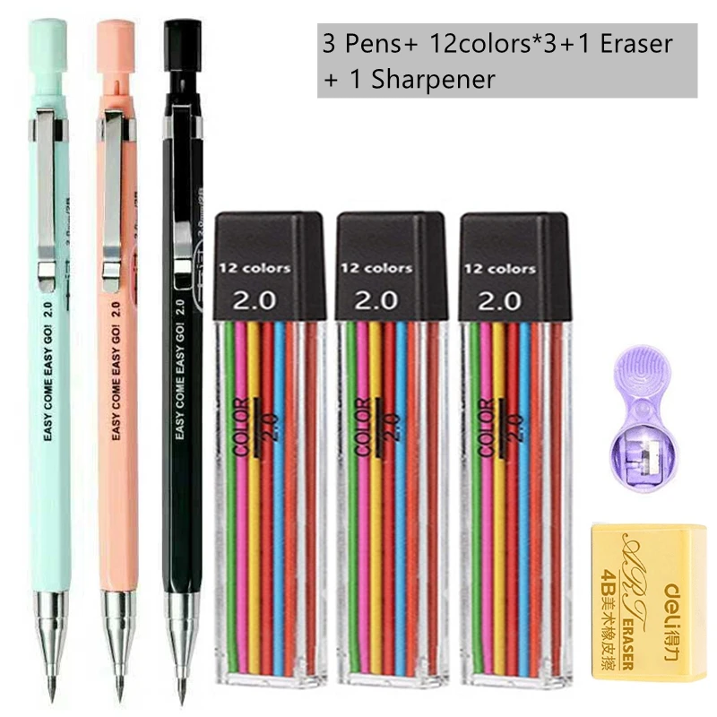 Jeu de crayons mécaniques 2.0mm avec 2B noir/couleurs, recharge