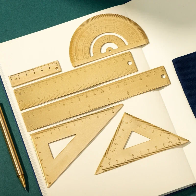 Metal Brass Straight Ruler Vintage Triangle Protractor Measuring Tool Painting Drafting Supplies Korean Stationery Office