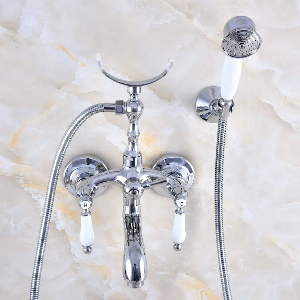 

Смеситель для ванной комнаты с двойной ручкой, серебристый, хромированный, латунный, настенный, 1,5 м