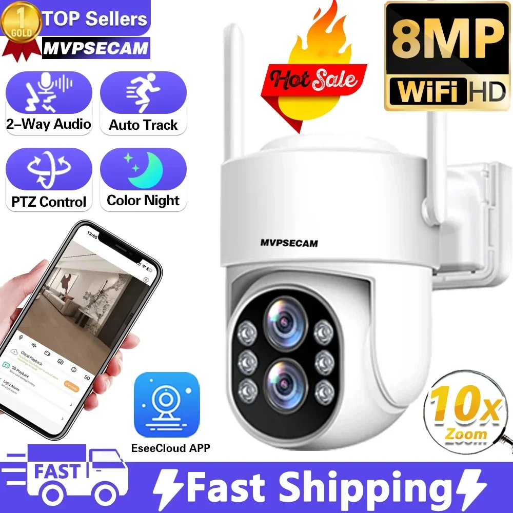 Telecamera Ip Wifi 8Mp 4K Zoom Ptz 10X Telecamera Di Sicurezza Esterna Sorveglianza Ai Track Dual Lens Schermo Hd Mini Street Camera Vista A 360 °