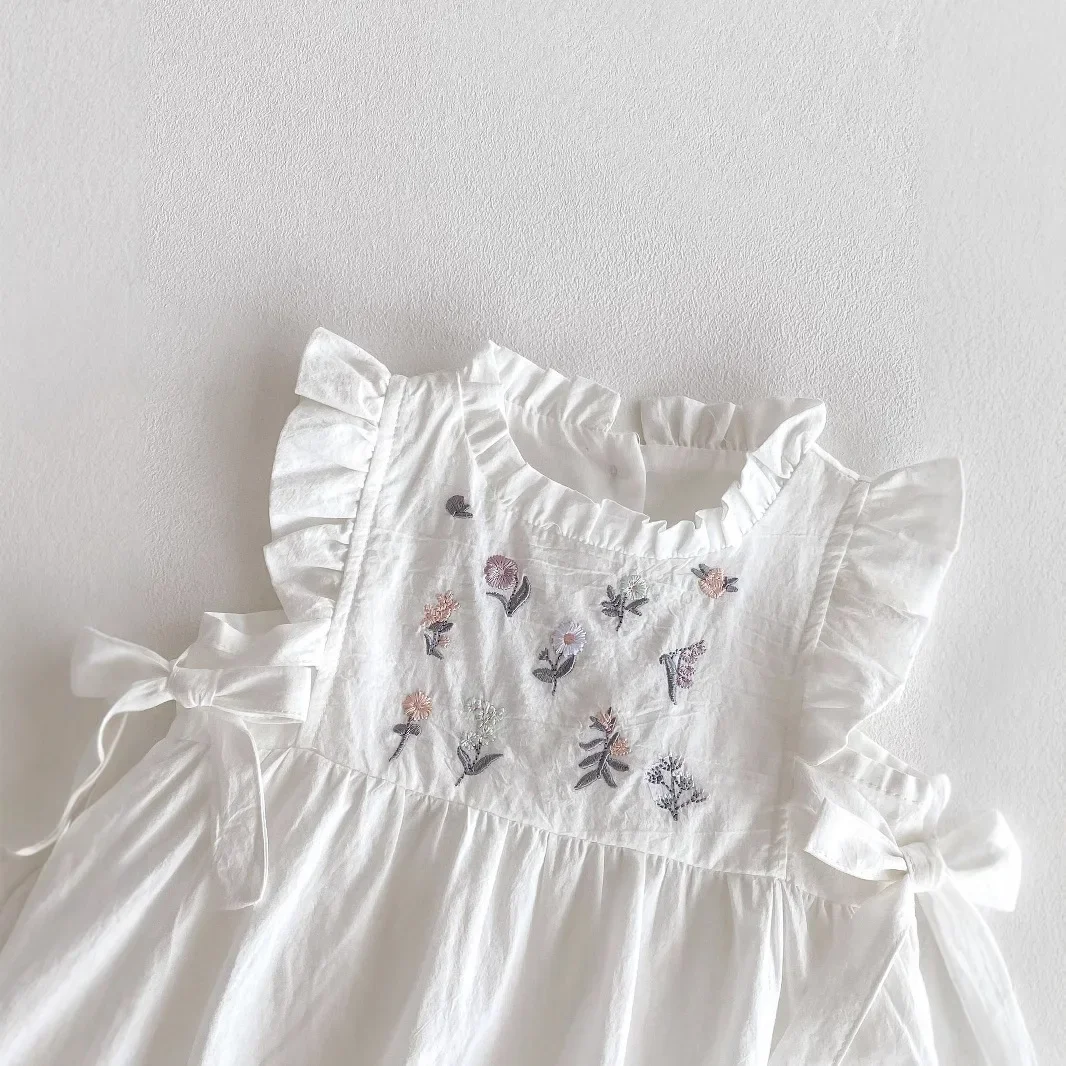 Baby Girl Summer Embroidered Floral Side Waist Butterfly Knot Infant Toddler Romper Sleeveless Thin Cotton Crawling Suit