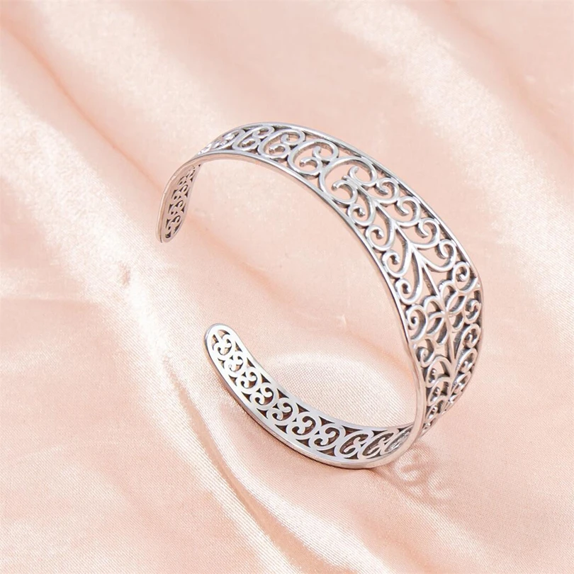 1Pc Vintage Carved Filigree Flower Of Life Cuff Open Bracelet For Women No Fade Stainless Steel Boho Female Bangle Jewelry Bulk bangle bracelet stainless steel bracelet