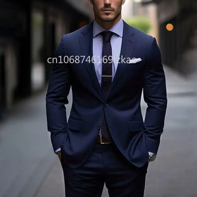 Formal Notch Lapel Men's Suits Navy Blue  Single Breasted Business Causal 2 Piece Solid Fashion Male Suit (Jacket+Pants)