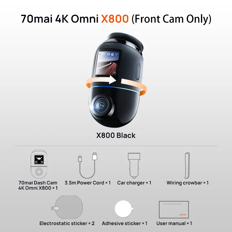 70mai 4K Dash Cam Omni X800 360° Rotating HDR Car Camera
