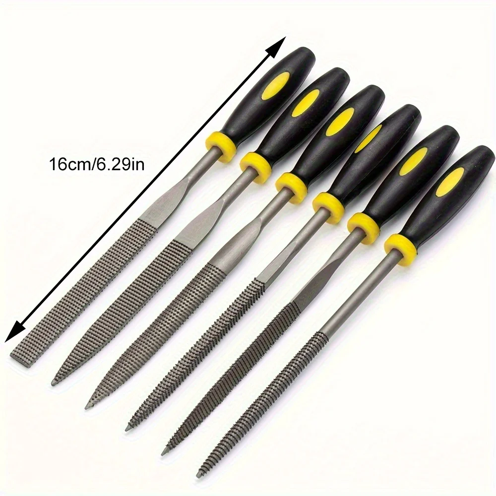 Needle File 6-Piece Needle File Kit with High Temperature Quenching and Rubber Handle Includes 6 Shapes Flat Flat Warding Square Triang