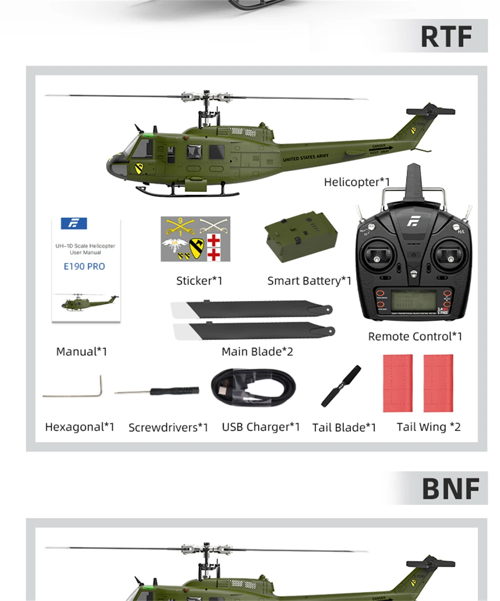 Eachine E190 PRO UH-1 2.4G 6CH 3D6G 1:34 Scale Huey Dual Brushless Motor Flybarless RC Helicopter Compatible with FUTABA S-FHSS
