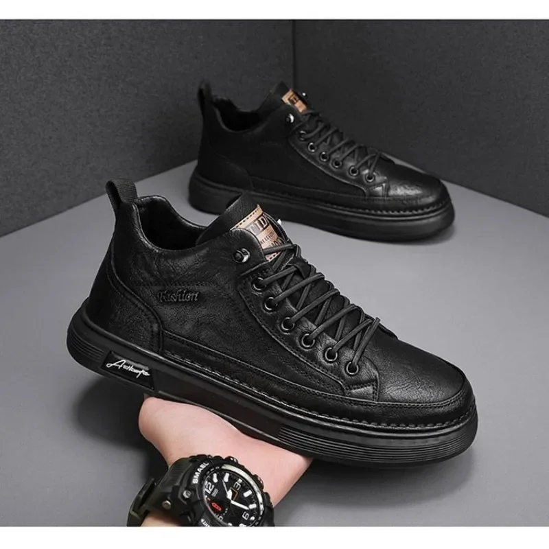 

Men Casual Leather Boots 2023 Fashion High Top Men Shoes Trendy Black Sports Leather Shoes Platform Ankle Boots Tênis Masculino