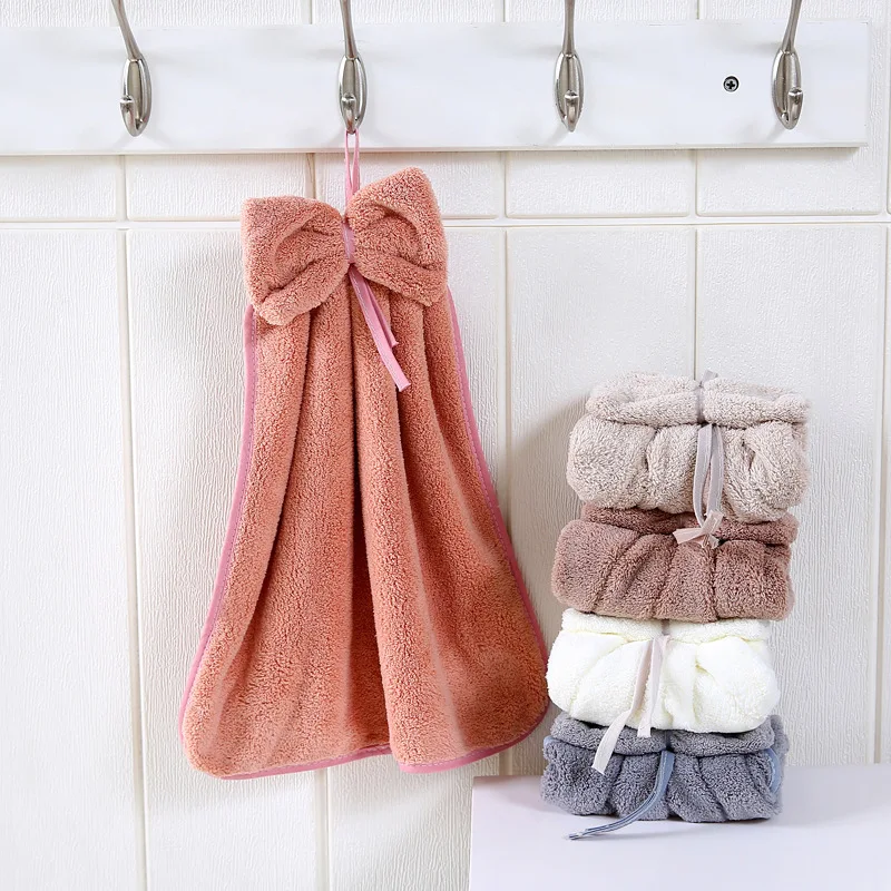 Cute Bowknot Coral Velvet Hand Towel Soft Wipe Dishcloths Hanging Absorbent  Cloth Kitchen Tools Bathroom Accessories 30*33cm