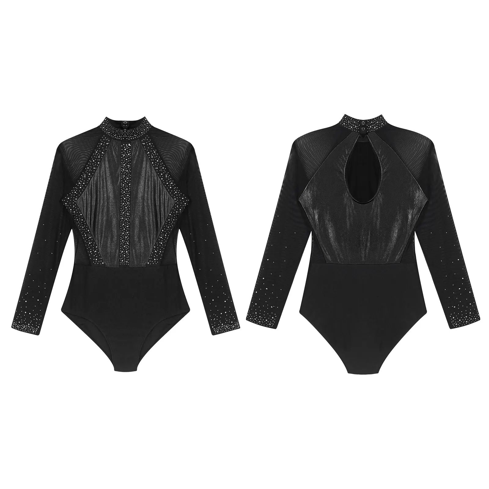 Womens Rhinestones Ballet Leotard Color Block Patchwork Keyhole Back Sheer Mesh Bodysuit for Gymnastics Figure Skating