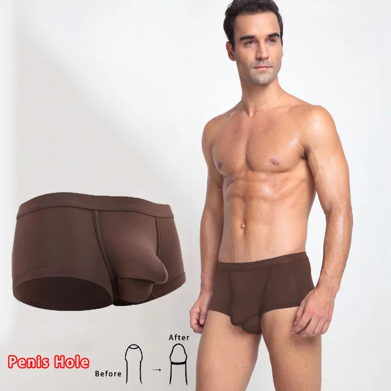 Man Separate Dual Pouch Underwear Summer Breath Foreskin Long Physical Therapy LIngerie Front Open Hole Sheath Boxers Enhance