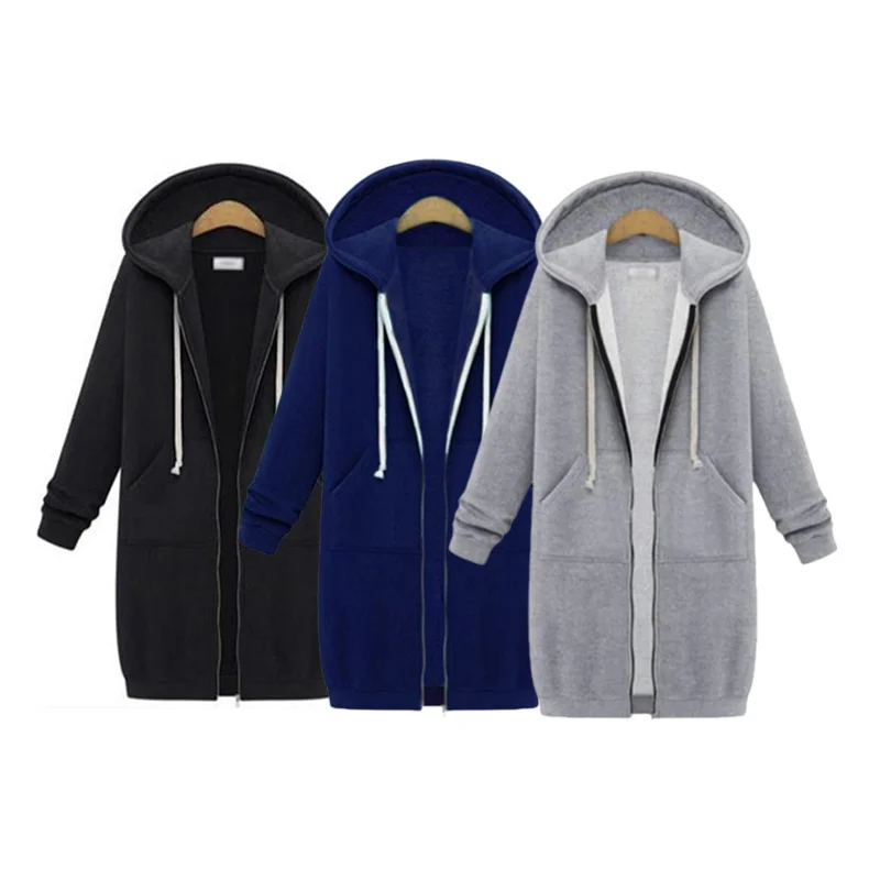 

Women Autumn Winter Middle Long Style Plush Pocket Hoodie Ladies Fashion Pure Color Zipper Drawstring Casual Loose Cardigan Coat