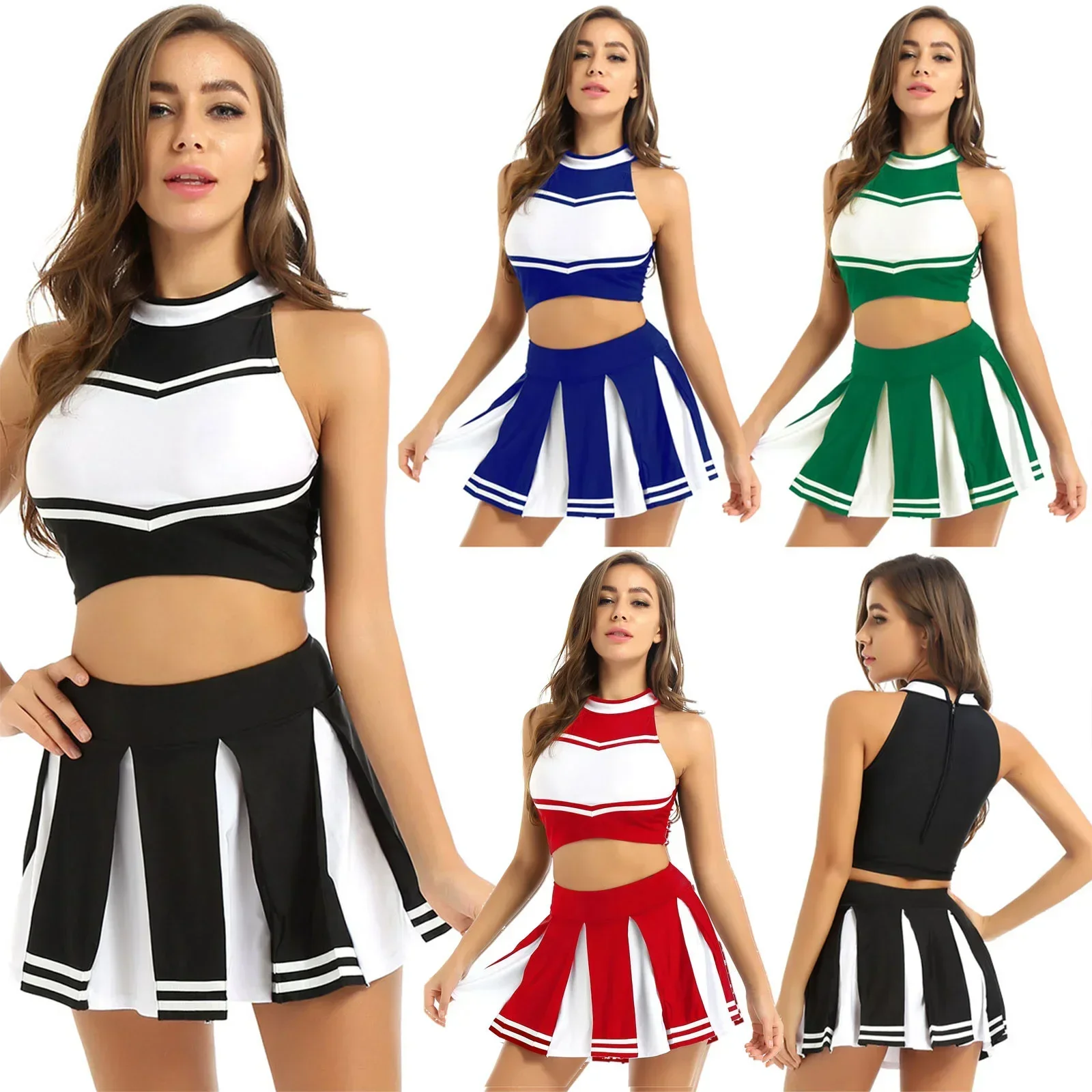Costume di carnevale 2 pezzi Donna Adulti Cheerleader Uniforme Cosplay Outfit Crop Top con minigonna Halloween Fancy Dress Up Party - immagine 6