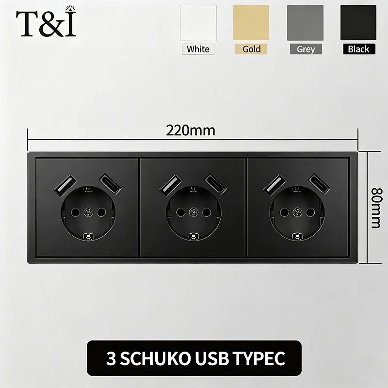 EU Power Socket with Built-in USB-C Fast Charging and Light Switch - Flush Mount Black Plate