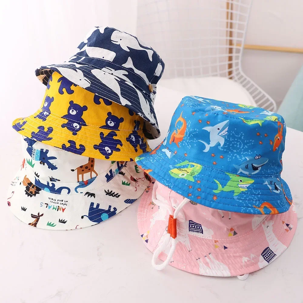 Spring Summer Cute Cartoon Thin Breathable Kids Bucket Hats Unisex Baby Sun Hats with Windproof Rope for Children Outdoor Caps