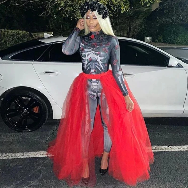 

Halloween Costumes Red Tulle Over Skirts Formal Party Detachable Train Honeymoon Maxi Skirt Custom Made