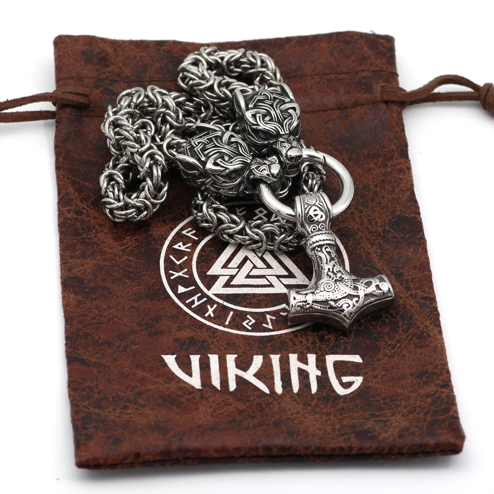 viking men thor hammer necklace wolf with mjolnir necklace